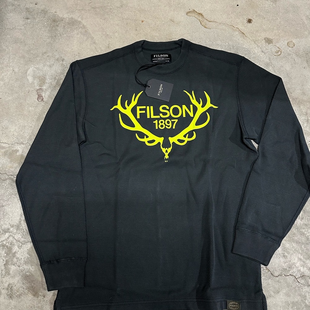 NWT Filson Waffle Knit Thermal Crewneck Long Sleeve Gray Yellow Elk Mens
